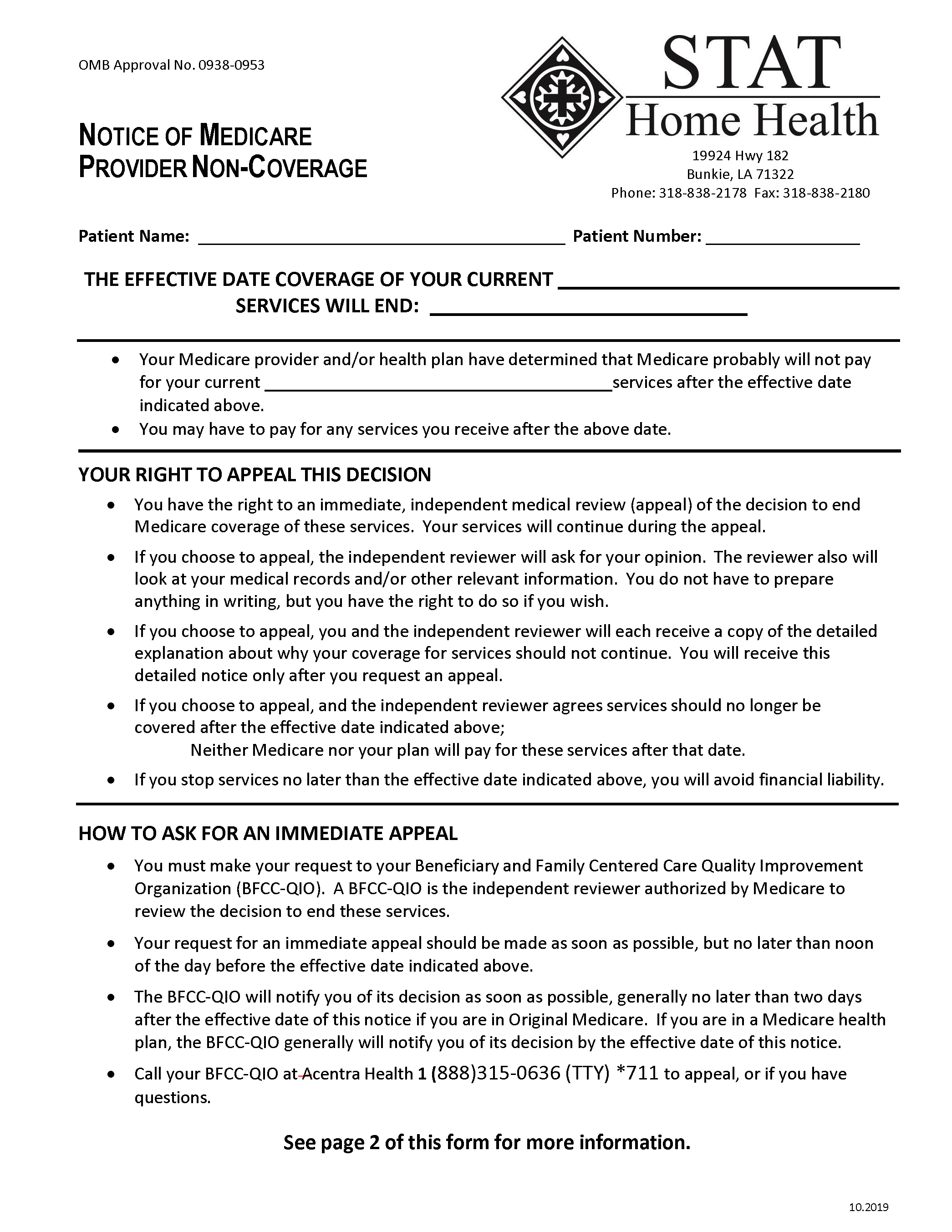 Notice Of Medicare Non Coverage Stat Bunkie 2 Part Forms With 2 Pages Updated July 2024 S 8385